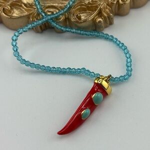 Turquoise Beaded Necklace with Red Horn Charm ✨